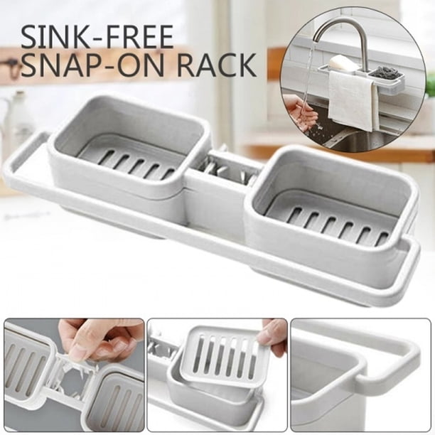 Fregadero de cocina Grifo Soporte de esponja Estante organizador con colgador de tela, Estante de almacenamiento multifuncional que ahorra espacio, Fácil instalación, Acero inoxidable, 1 paquete
