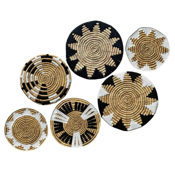 Boho Wicker Rattan Plate Basket Set 6 For Décor Hanging Wall | Large Woven Farmhouse Rustic Bohemian Art Baket Hangings For Decorative Home, Bedroom, Living Room, Kitchen, Bathroom (Art Decor)