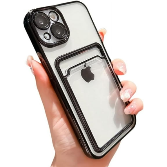 Compatible with iPhone Case,Electro Plated Credit Card Slot Holder Wallet Clear [Camera Lens Protection] Soft Shockproof Cover Phone Case (Black,iPhone 11 Pro Max)