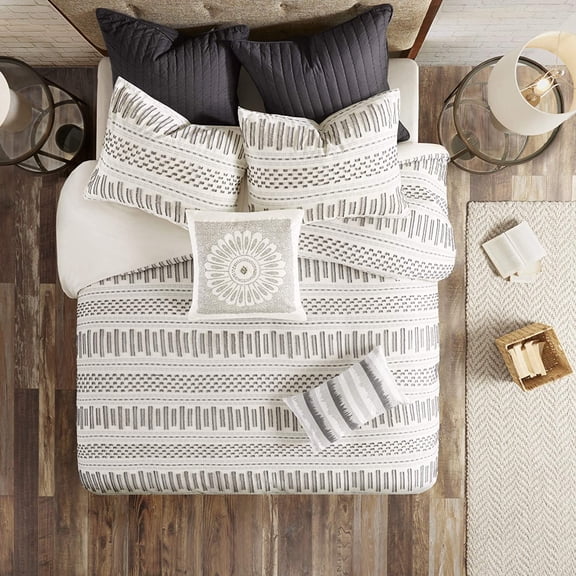 Luxurious Cotton-Bedding Set - Mid Century Trendy Geometric Design, All Season Cozy-Cover With Matching-Shams, King/Cal King, Nea Trims Black/Multi