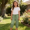 thumbnail image 5 of Twczz Girls Cotton Linen Capris with Pockets- Quick Dry Casual Elastic Waist Straight Leg Kids Beach Pants Green Size 11-12 Years, 5 of 7