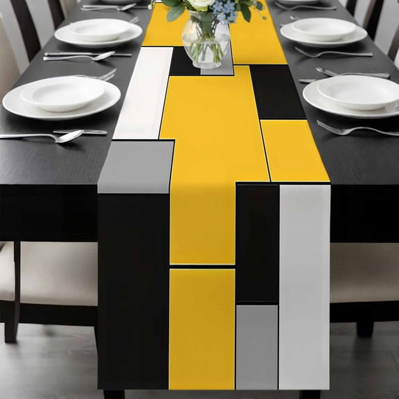 Yellow Abstract Table Runner 48 Inches Long, Geometric Grey Black White Lattice Kitchen Coffee Dining Table Decoration for Home Party Birthday Wedding Home Decor 13x48 Inches
