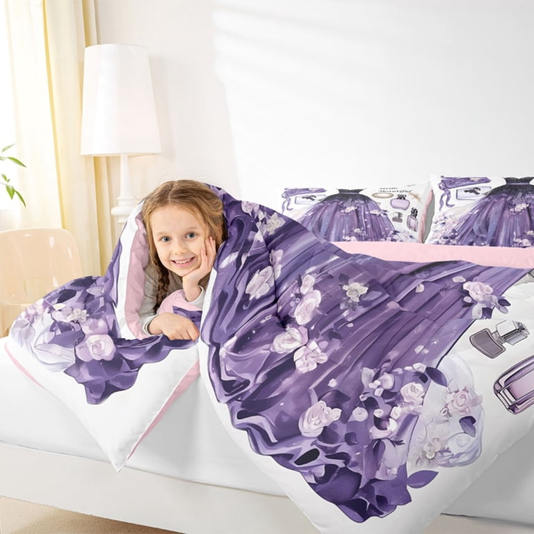 Castle Fairy Elegant Floral Tulle Gown Twin Comforter Sets 2pcs,Glamorous Perfume Handbag Bedding Set,Purple Black White,Pink Reversible,1 Comforter and 1 Pillowcase
