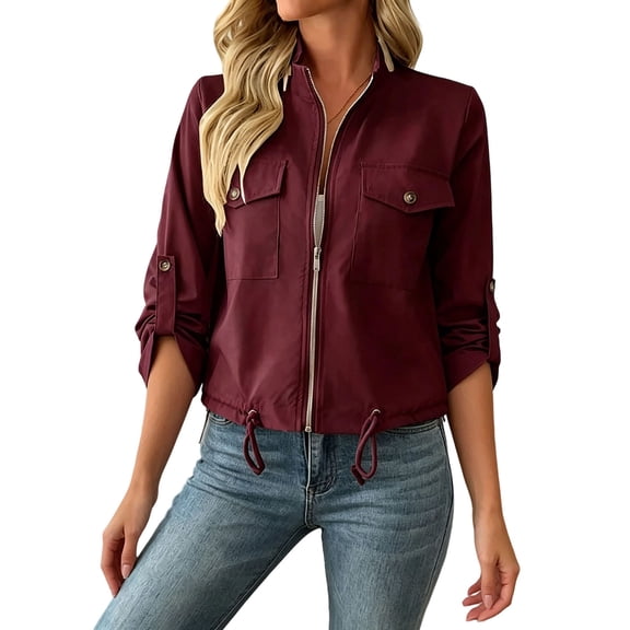 Enjoytime Jacket for Women Stand Collar Roll Tab Long Sleeve Cropped Jackets Zip Up Casual Oversized Outerwear