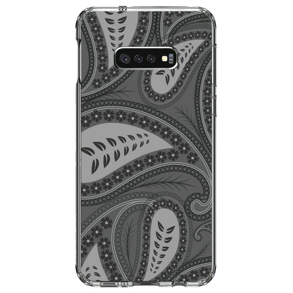 DistinctInk Clear Shockproof Hybrid Case for Samsung Galaxy S10e (5.8" Screen) - TPU Bumper, Acrylic Back, Tempered Glass Screen Protector - Big Grey Black Paisley