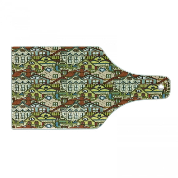 Retro Cutting Board, Hand Drawn Old City in Colorful Tones European Buildings Featured Town Place Picture, Tempered Glass Cutting and Serving Board, Wine Bottle Shape, Multicolor, by Ambesonne