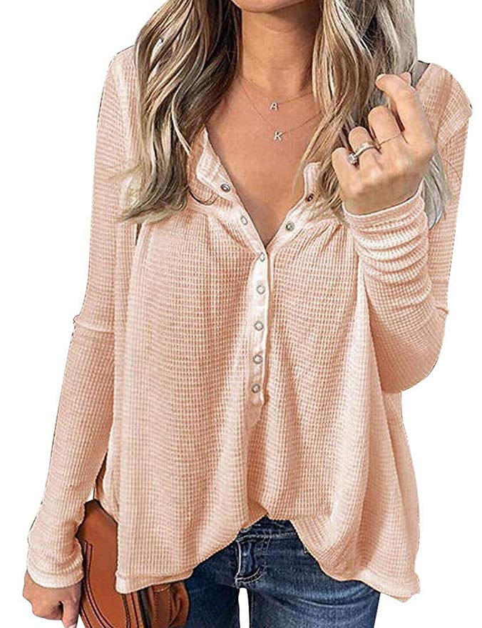 Women Waffle Knit V Neck Button Down 