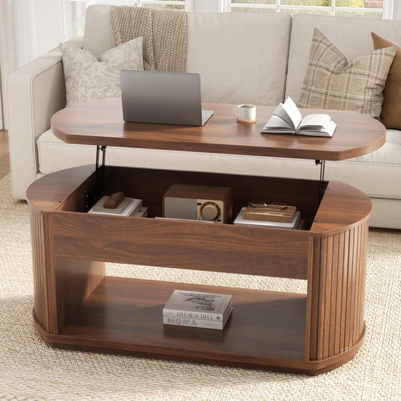 Top Coffee Table With Storage, Mid-Century Modern, Walnut Finish, 41.7 Inch