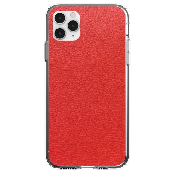 DistinctInk Clear Shockproof Hybrid Case for iPhone 13 Pro MAX (6.7" Screen) - TPU Bumper, Acrylic Back, Tempered Glass Screen Protector - Red Faux Leather Print Design - Printed Faux Leather Image