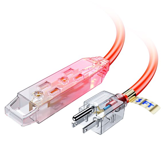 Extension Cord 3 ft, Extension Cord with Multiple Outlets and Lit Ends,16 Gauge (Orange) ETL Listed
