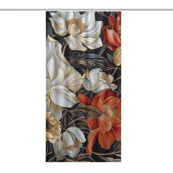 Chilfamy Black Background Red White Gold Shower Curtain ,Watercolor Flowers Bathroom Shower Curtain, Waterproof Fabric Shower Curtain with Hooks