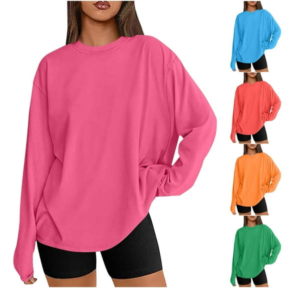Fall Saving! HVOBTTY Women's Long Sleeved Lightweight T Shirt, Fall Tops for Women, Women's Casual Solid Color Crew Neck Loose Lightweight T Shirt Blue, XXL