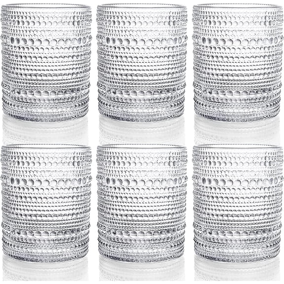 Set of 6 Romantic Water Glasses, 12 oz Hobnail Glasses Tumbler, Clear Embossed Vintage Glassware Set for Beer, Cocktail, Soda, Beverages