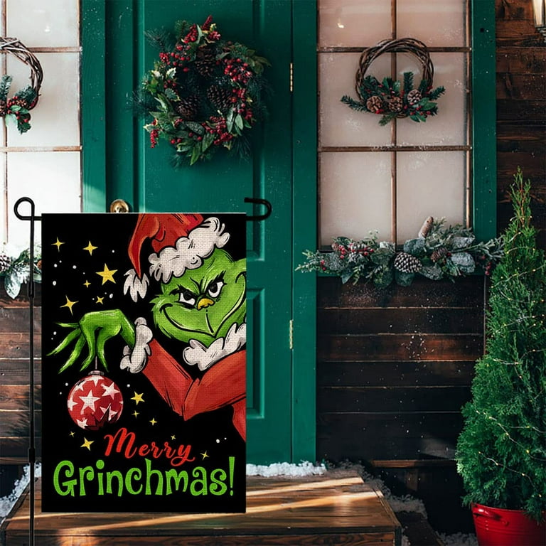 Grinch Christmas Winter Garden Flag Burlap Double Sided Vertical 12×18 Inch  Yard Decorations Holiday Banners Outdoor Farmhouse Decor 