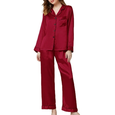 

Niuer Ladies Pajamas Sets Solid Color Sleepwear Lapel Nightwear Two Pieces Outfits Lounge Set Long Sleeve Red L