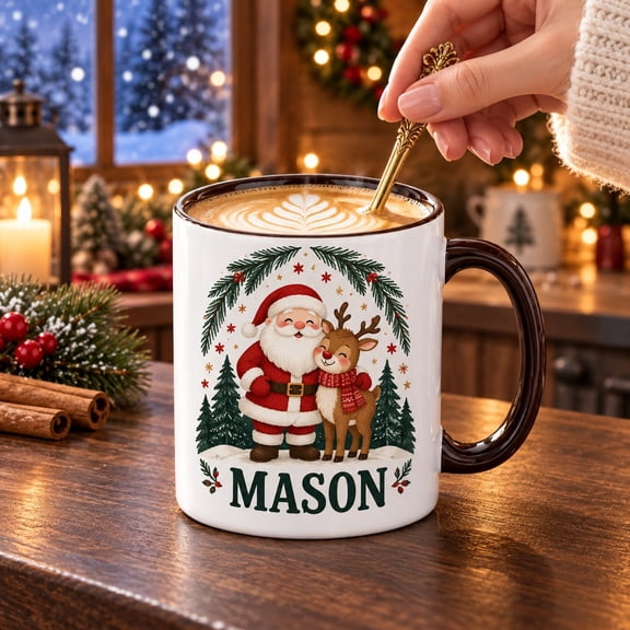 Personalized Santa Reindeer Evergreen Ceramic Coffee Mug Christmas Gift