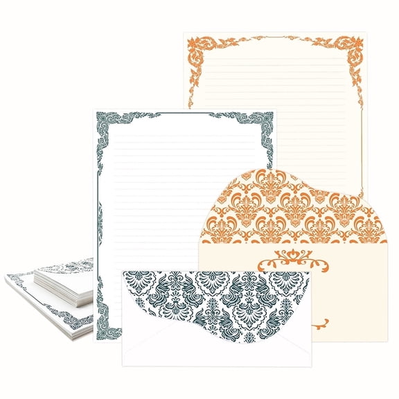 Anzon Mories 96 Pcs Stationery Set 8.5x11ln (64 Sheets Writing Letter 32 Envelopes), Vintage Ivory Lace Lined stationary Paper, Navy Orange Gold border