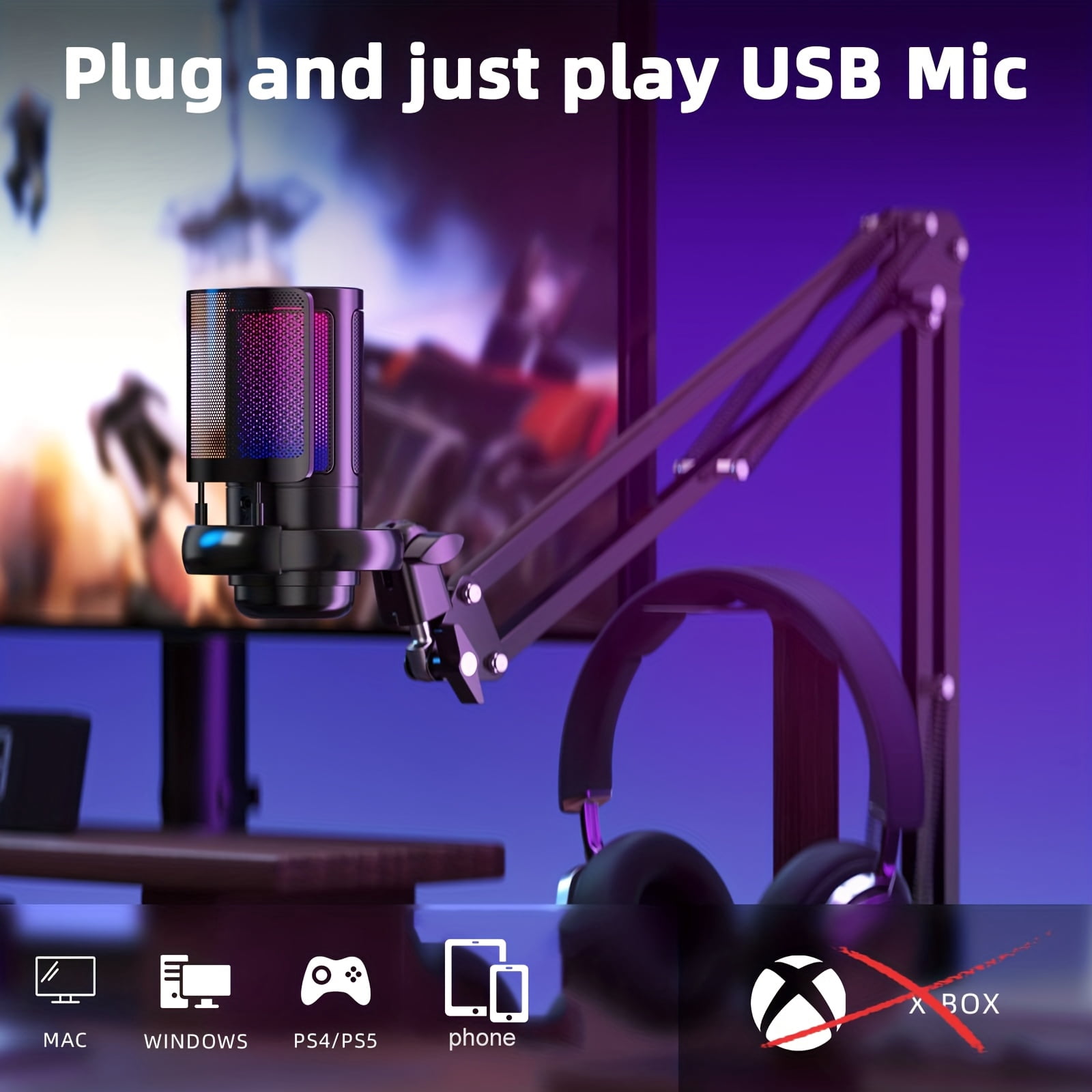 General  USB Microphone Suitable for Streaming, Podcast & Gaming - Pop Filter, Diaphragm Condenser Mic with Boom Arm, Volume/Gain Control & RGB - Compatible for PS4/, Mac, PC, Phone (PC Gaming Mic)