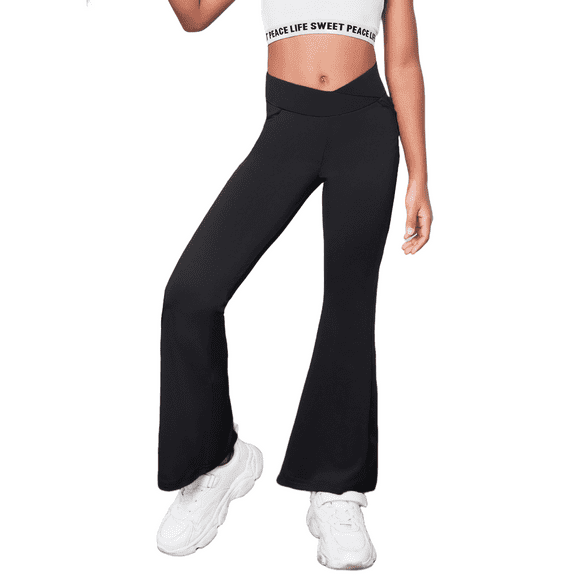 Oudiya Girls Flare Leggings High Waisted Casual V Crossover Pants Yoga Bell Bottoms with Pockets for Kids 5-14Y