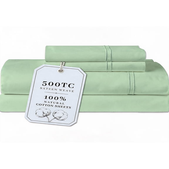 Queen Size 500 Thread Count Cotton Sateen Sheet Set Sage 4-Piece 18-Inch Deep Pocket