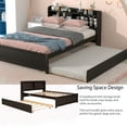 thumbnail image 3 of Twin Bed with Trundle, Twin Size Platform Bed with Bookcase Headboard and Pull Out Trundle Bed for Teens Adults, Wooden Twin Bed Frame with Storage Shelves, Bed Frame for Living Room, Espresso, 3 of 7
