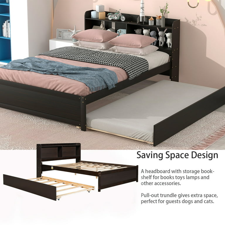 Full Bed with Trundle, Full Size Platform Bed with Bookcase
