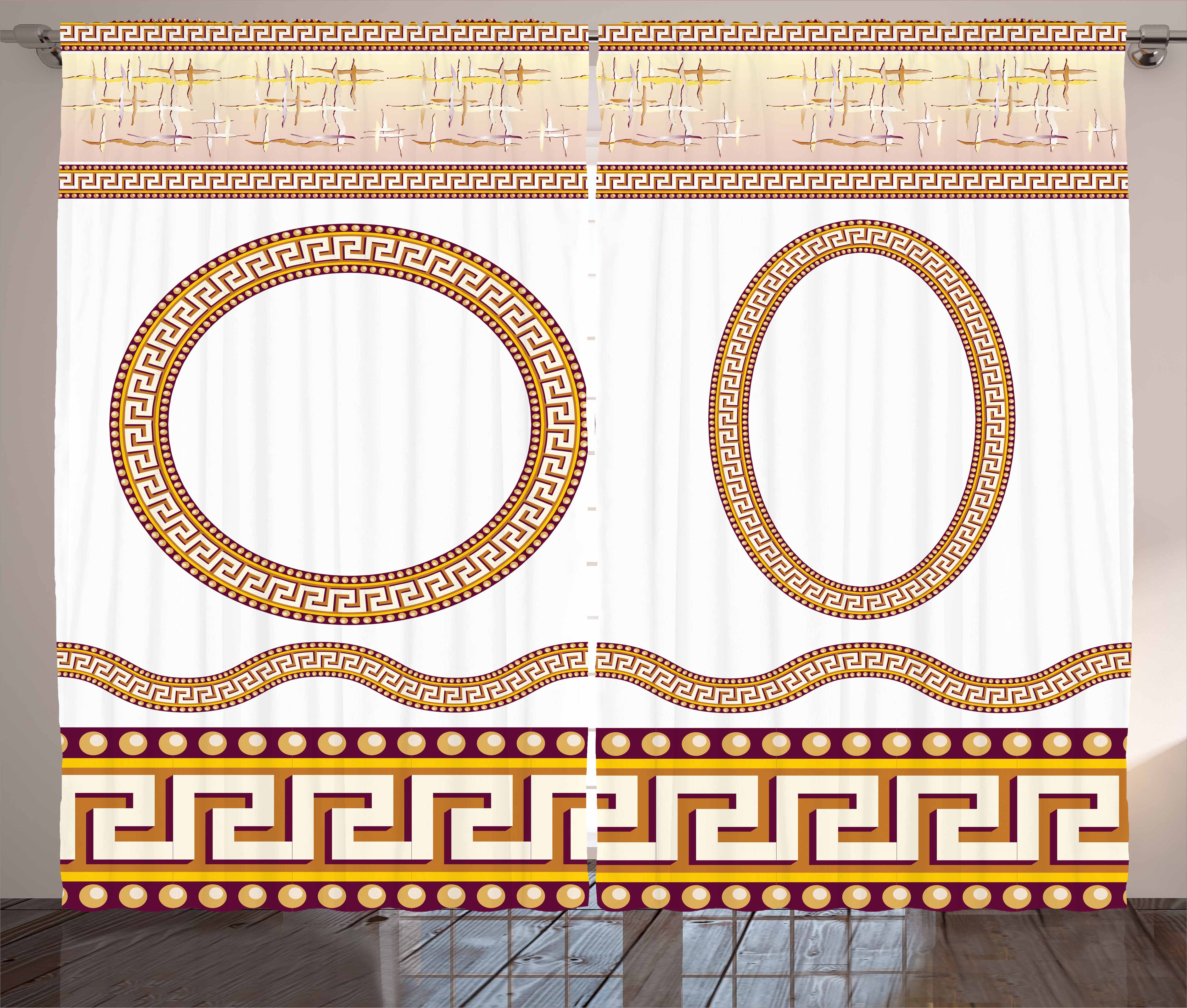 Greek Key Curtains 2 Panels Set, Ancient Fret Pattern in Oval and Circle Shapes Wavy Straight