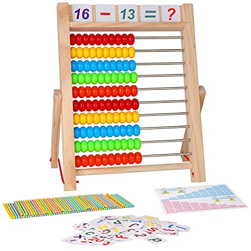 KIDWILL Preschool Learning Toy, 10-Row Wooden Frame Abacus with Multi-Color Beads, Counting Sticks, Number Alphabet Cards, Math Calculating Tool Toy Gift for 2 3 4 5 6 Years Old Toddlers Boys Girls