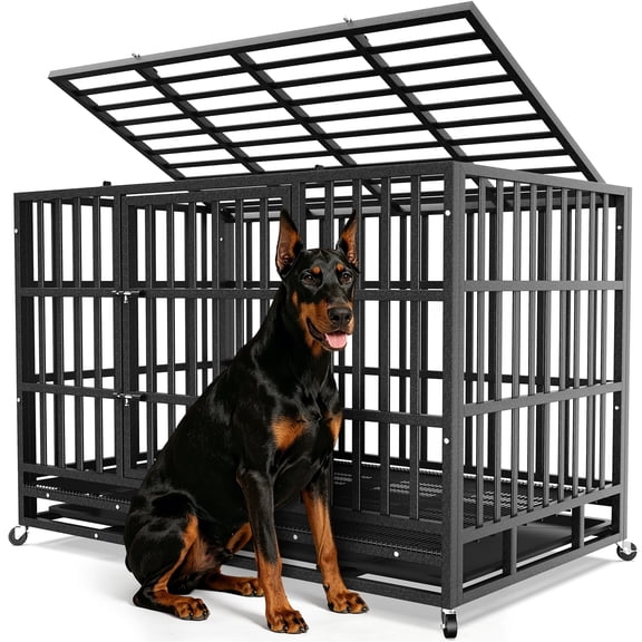 TIME RAY 48 Inch Heavy Duty Dog Crate,Indestructible High Anxiety Dog Cage for Outdoor and Indoor with Lock, Double Door & Removable Tray,Black