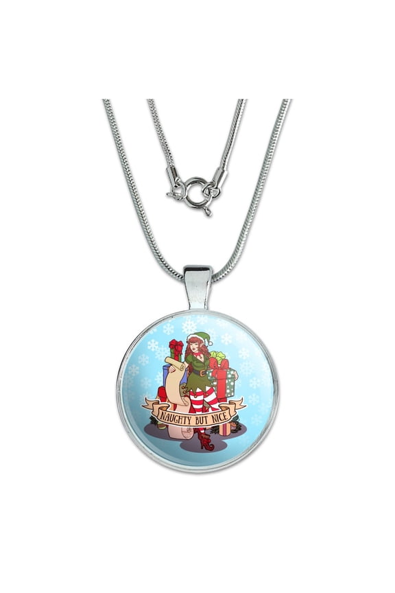 Christmas Elf Pin Up Naughty But Nice 1" Pendant with Sterling Silver Plated Chain