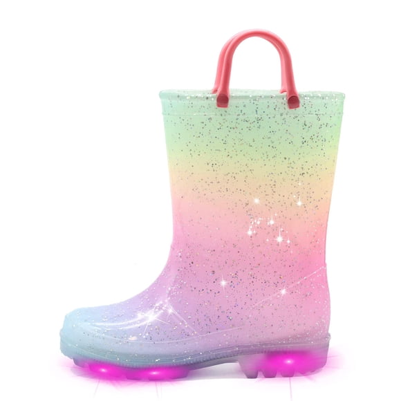 EUXTERPA Botas de lluvia impermeables con luz para niños pequeños y botas con purpurina con asas para niñas pequeñas, talla 12, color rosa degradado