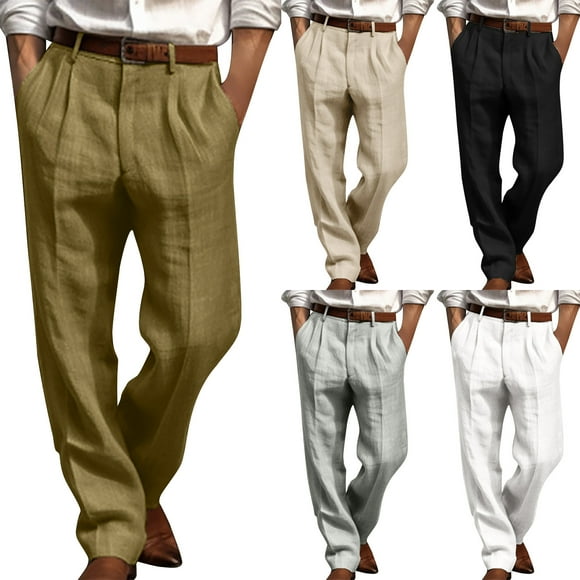 Styesk Men's Pants Men's Casual Loose Straight Leg Solid Pants With Double Pleated Front Pocket