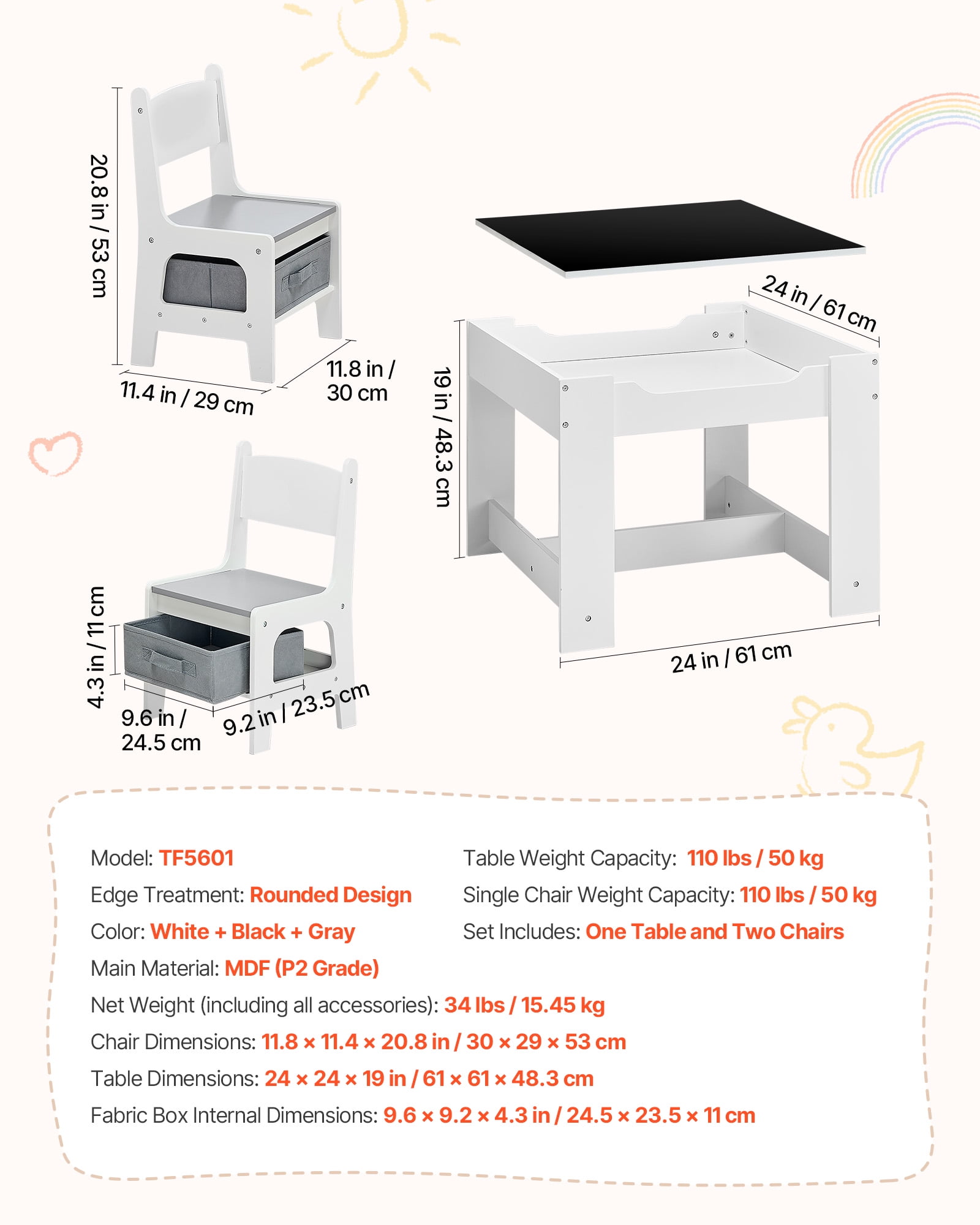 VEVOR Kids Table and 2 Chairs Set, Toddler Table and Chair Set with Storage Space under the Table, Cloth Storage Box under the Chairs, Wooden Desk for Art, Craft, Reading, Learning, Drawing, White