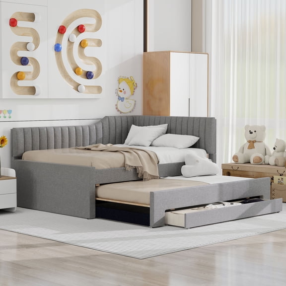 Euroco Upholstered Full Size Daybed with Trundle and 3 Drawers for Kids, Gray