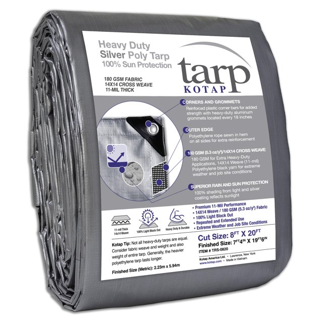 Lona Kotap TRS-0820 plateada, 223 x 594 cm, resistente, 11 mil