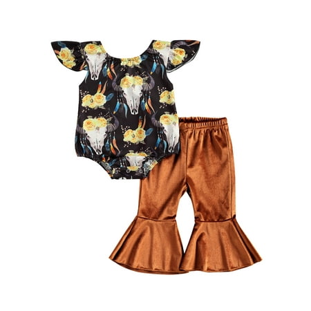 

One opening Baby Girls Clothes Set Black Printing Romper Solid Color Pants