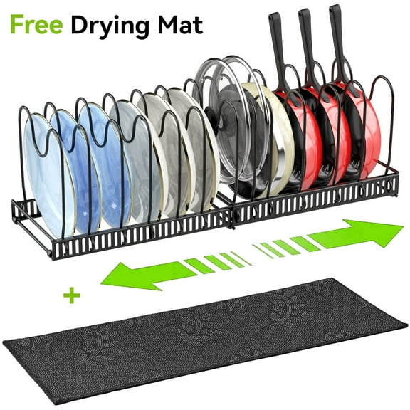Behost Expandable Pot and Pan Organizer for Cabinet, Pot Pan Rack for Kitchen Storage, Pot Lid Holder, 14 Adjustable Dividers, Apartment Must Haves