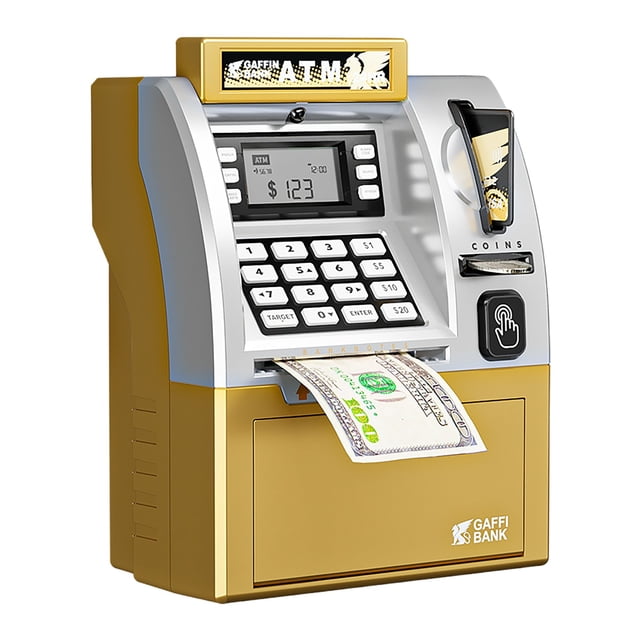 XFGOU Guichet Automatique Simuler Jouets et Passe-Temps Banque pour Vrai Machine d'Épargne Électronique Numérique Boîte avec Carte de Débit Distributeur de Factures Reconnaissance Calculatrice Verrou à Mot de Passe Étui Garçons Éducation