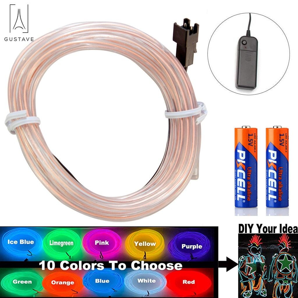 GustaveDesign 16.4ft/5M EL Wire Kit Super Bright Portable Neon Light Wire Glowing Strobing of