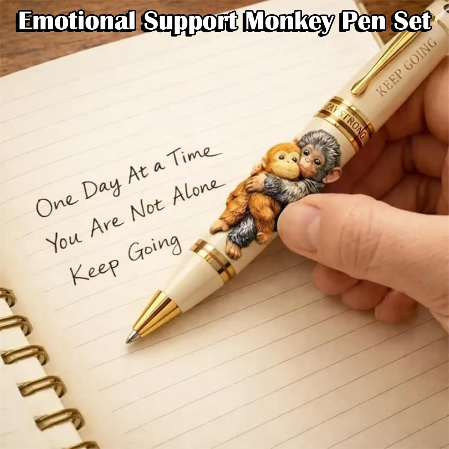 Inspirational Monkey Pen Set with Encouragement Card – Cute Metal Pen with “One Day at a Time” Message, Motivational Gift for Animal Lovers in Gift Box