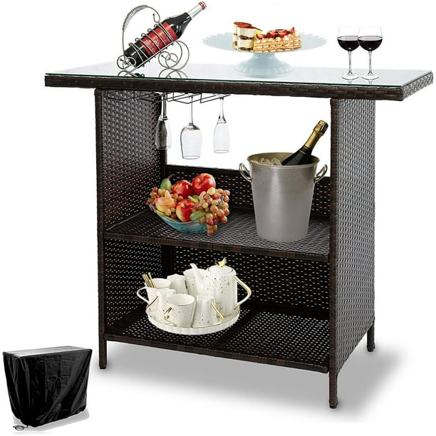 Outdoor Patio Rattan Wicker Bar Counter Table Tempered Glass Tabletop w