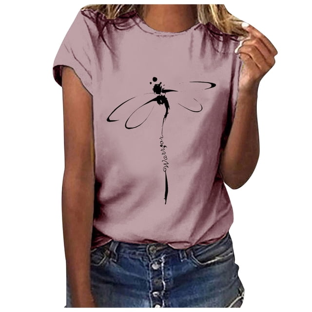 Fgnfyis Hauts pour Femmes T-Shirt Court Chemise Décontractée Tunique à Manches Imprimé Col Rond Lettres Hauts Blouse T-Shirts à Manches Courtes pour Femmes Rose P
