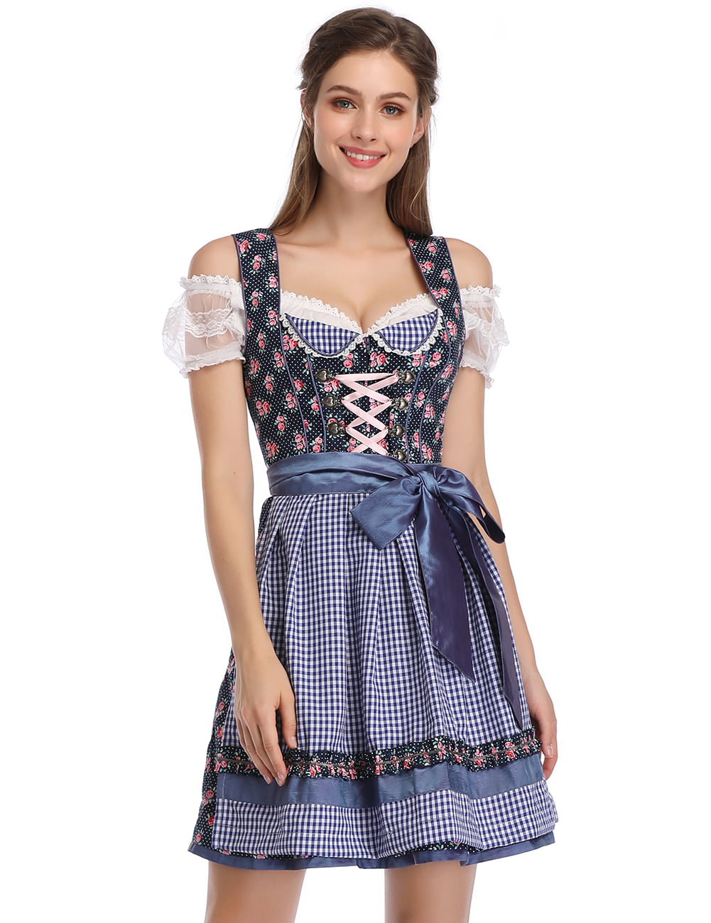 Women S Retro Floral German Dirndl Dress 3 Piece Bavarian Oktoberfest Costume With Plaid Apron