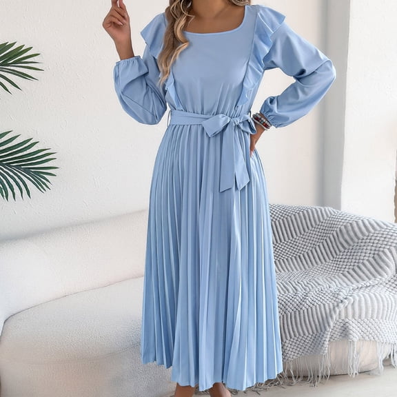 YueHuiYing Women's Solid Color Elegant Ruffled Square Neck Long Sleeve Fitted Waist Pleated Dress