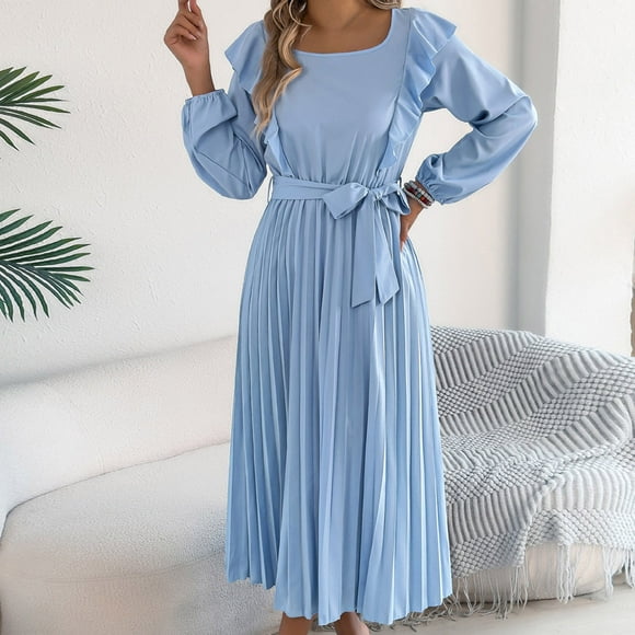 Roncen Pleated Maxi Dress, Square Neck A Line, Fall Holiday, Long Sleeve Modest Business Casual Flowy Dresses for Women