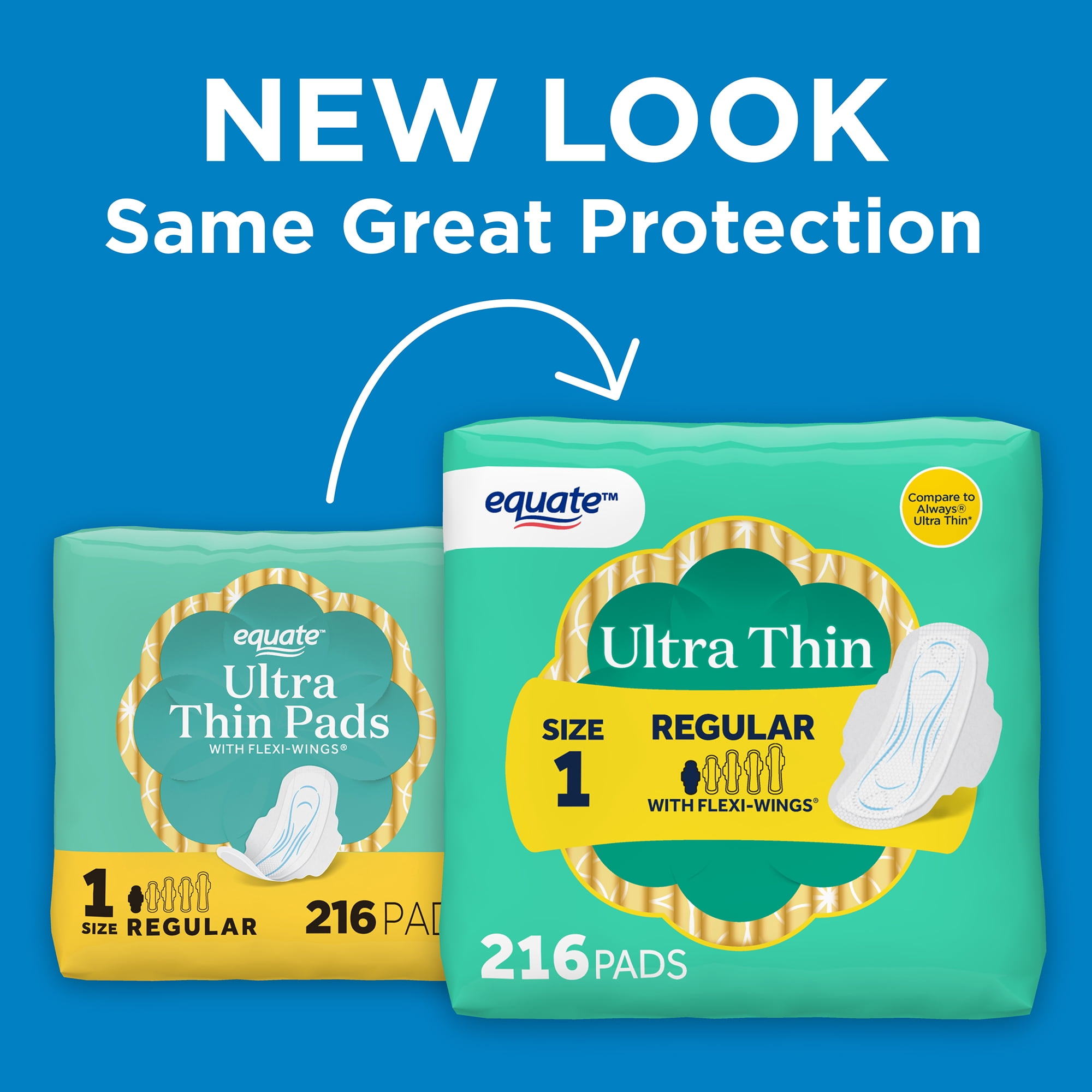 Equate Ultra Thin Pads with Wings, Size 1, Regular Absorbency, Compare to Always (216 Count)
