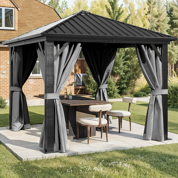 Dextrus 10x10FT Hardtop Gazebo with Nettings & Gray Curtains,Outdoor Single Top Canopy Galvanized Iron Aluminum,Sunshade for Garden, Patio, Lawns,  Black&Gray