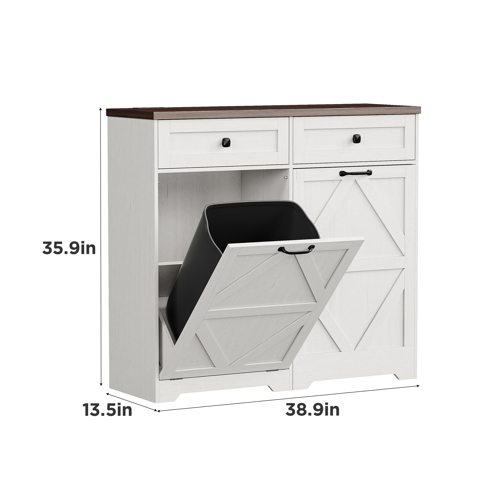 VEANERWOOD Tilt Out Trash Cabinet for 13 Gallon Garbage Can, Kitchen Storage Cabinet with Remove Odor, 2 Drawer and Spice Rack, White