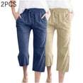 thumbnail image 2 of Timegard 2pc Capri Pants for Women Cotton Linen Elastic Waist Loose Lounge Crop Pants Pockets Solid Color, 2 of 7