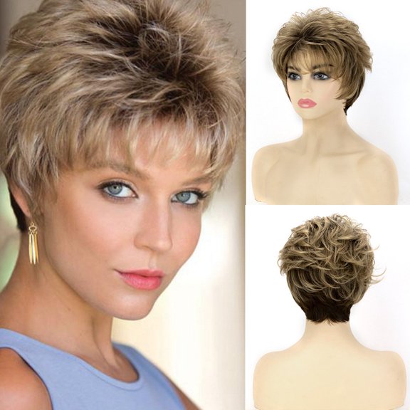 Brown Short Curly Synthetic Wig with Natural Volume Side Swept Daily Style